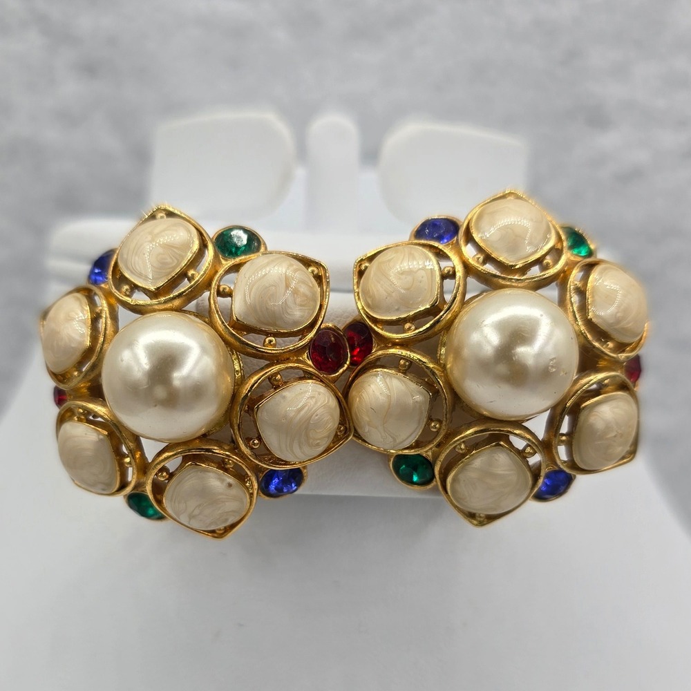 Vintage Earrings Gold Tone Faux Pearl Enamel Rhinestone Cluster Clip On
